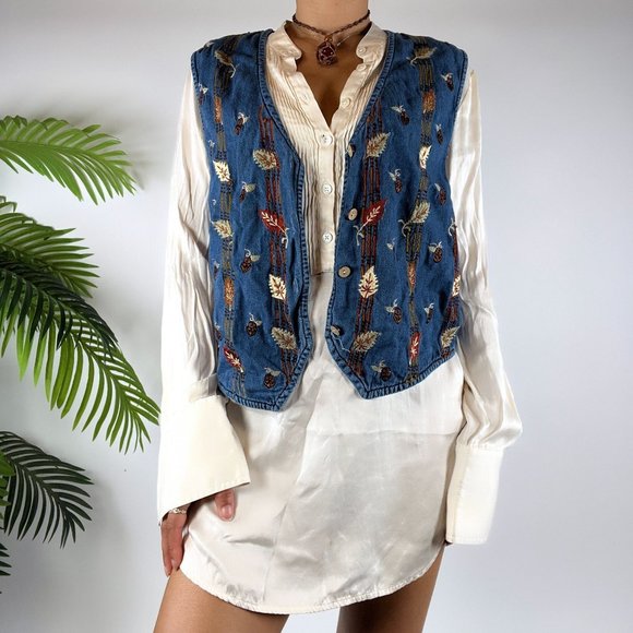 Vintage 90s Embroidered Autumn Cottagecore Artsy Grandma Denim Vest / Size: M - Picture 2 of 5
